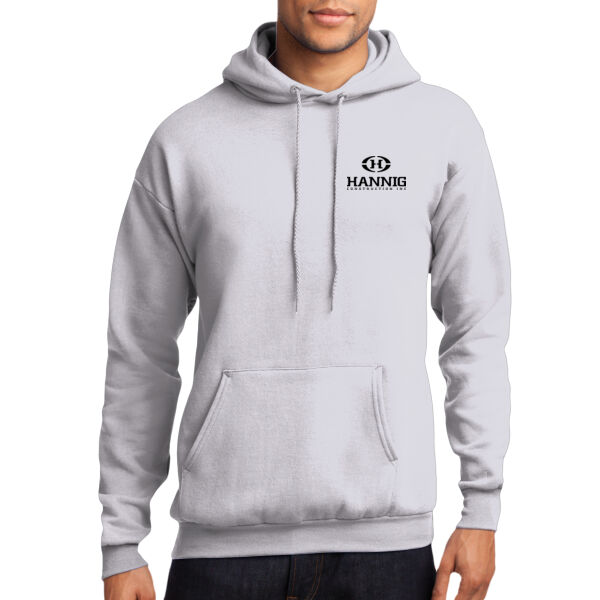 Hannig Construction - Black Logo - Left Chest & Full Back on a Port & Company® - Core Fleece Pullover Hooded Sweatshirt Thumbnail